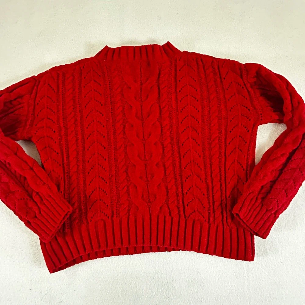 Pink Rose Red Chenille Cable Knit Sweater Womens Medium ‎ Recycled Pullover